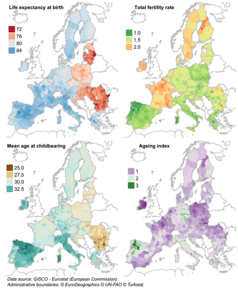 Figure 1. Selected demographic indicators in the EU at NUTS 3 level